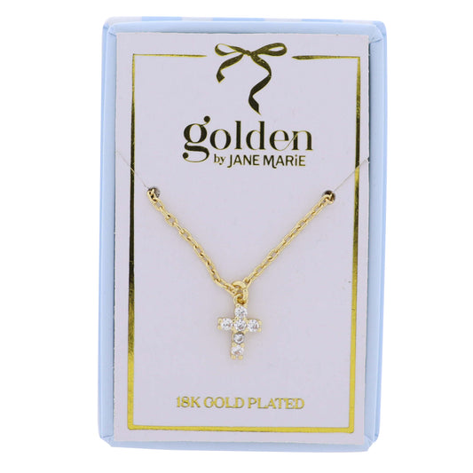 18K Gold Plated Chain Necklace with Clear Crystal Cross