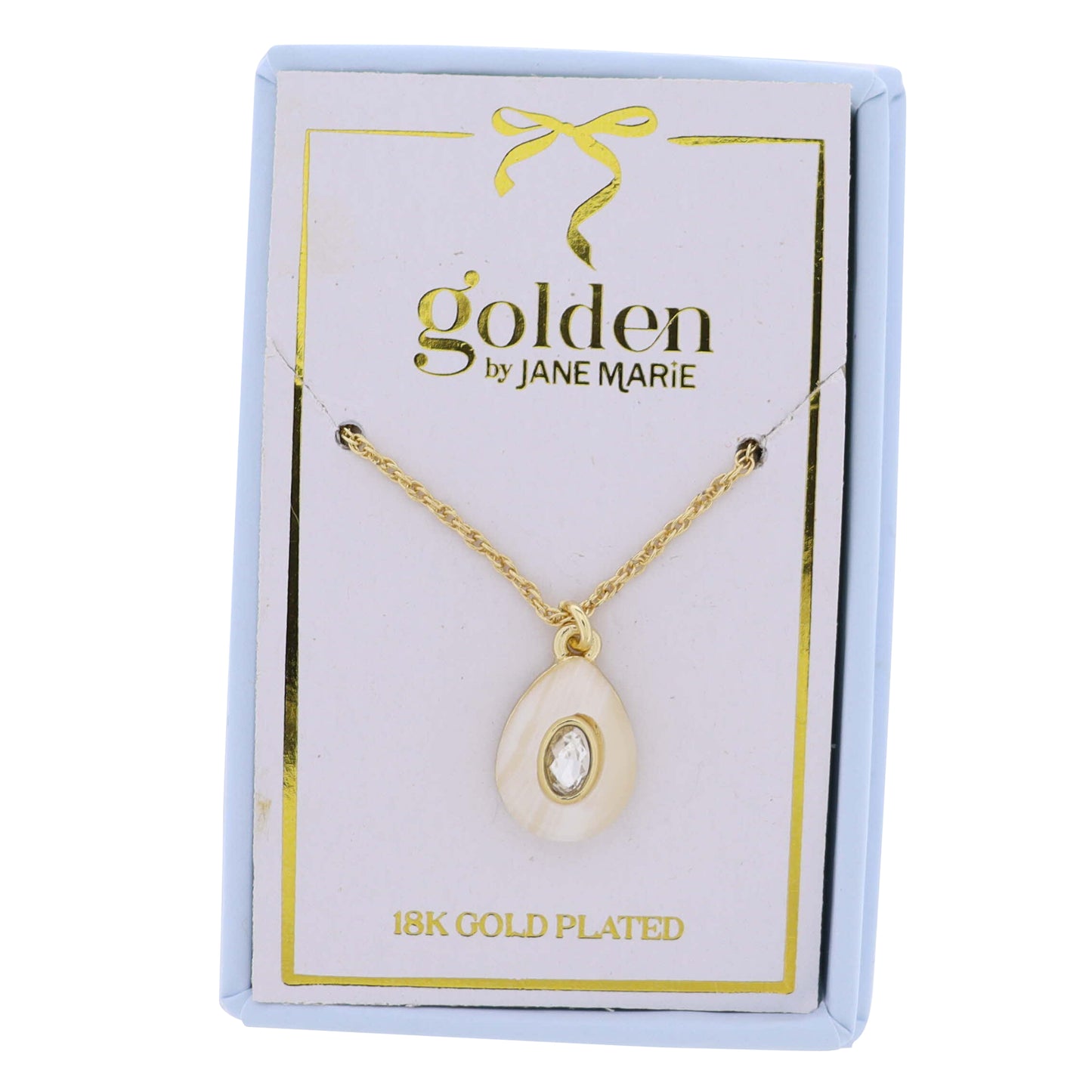 18K Gold Plated Chain Necklace with White Stone Teardrop with Center Crystal