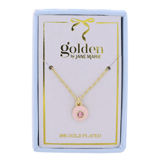 18K Gold Plated Chain Necklace with Pink Circle with Pink Center Crystal