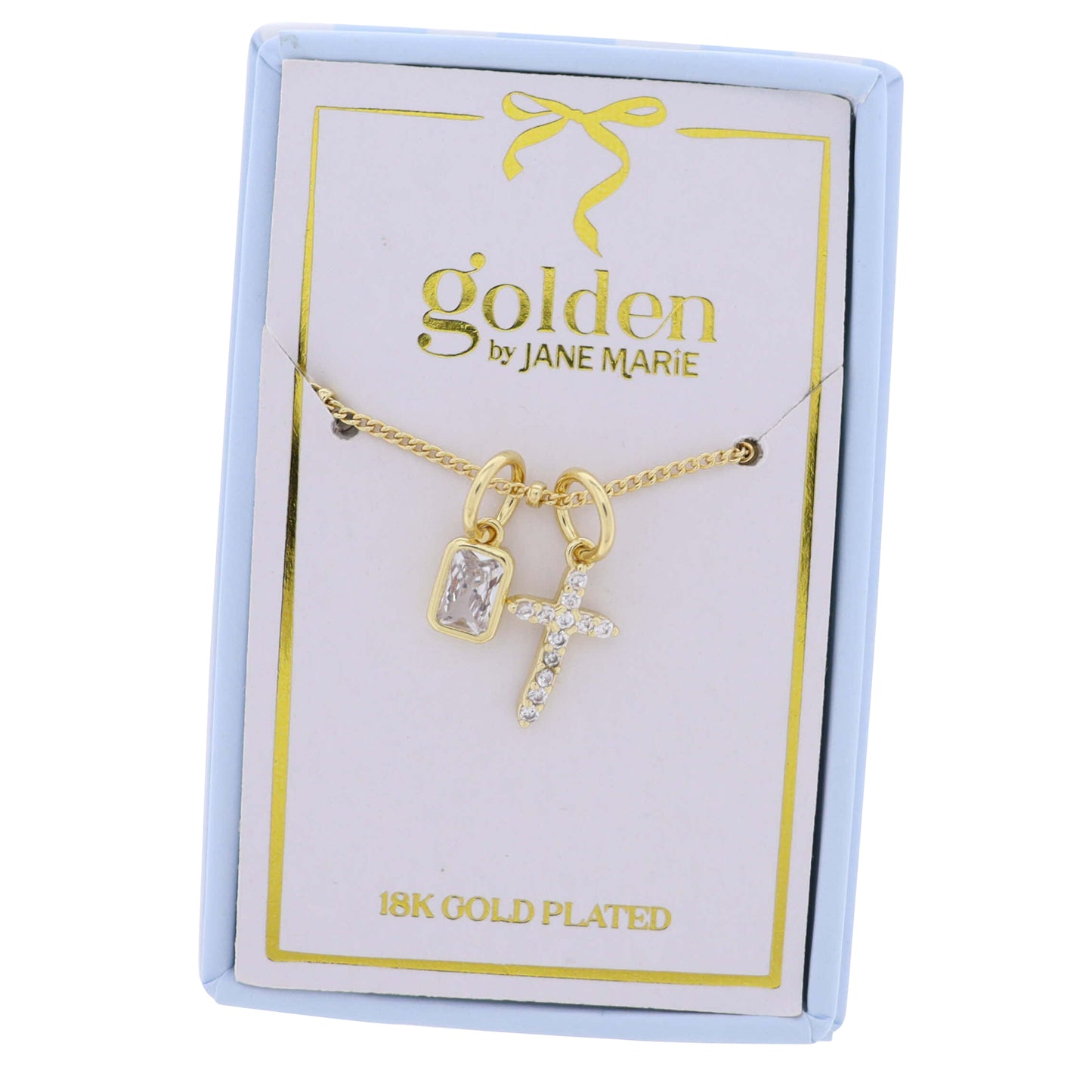 18K Gold Plated Chain Necklace with Clear Crystal Cross with Crystal Square