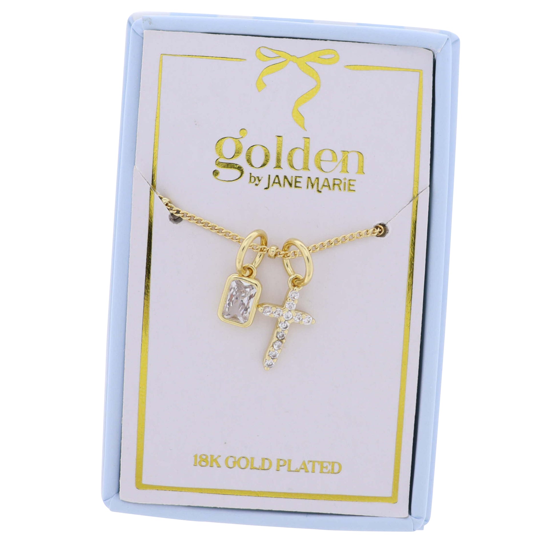 18K Gold Plated Chain Necklace with Clear Crystal Cross with Crystal Square