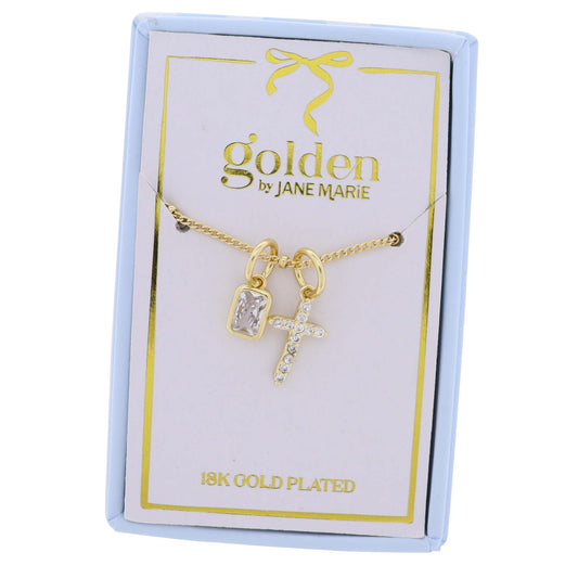 18K Gold Plated Chain Necklace with Clear Crystal Cross with Crystal Square