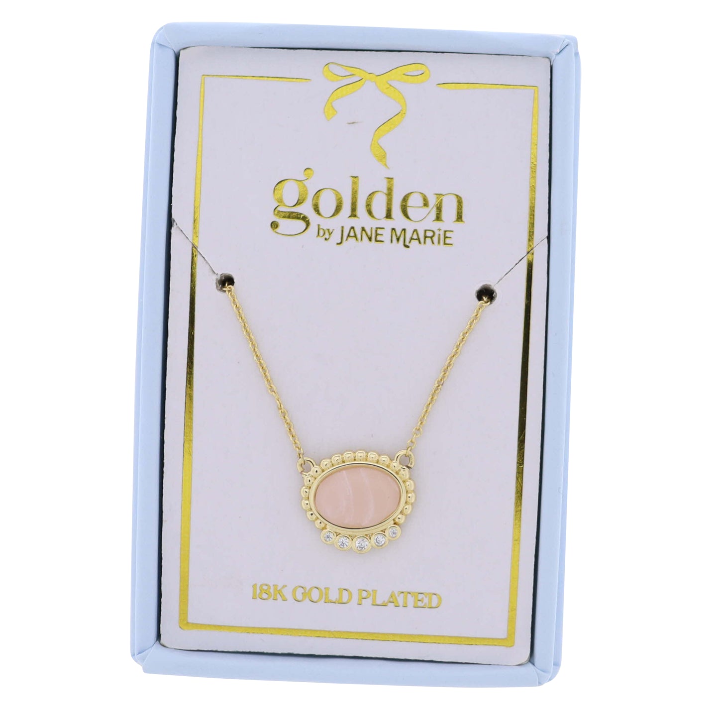 18K Gold Plated Chain Necklace with Pale Pink Oval with Crystal Accents