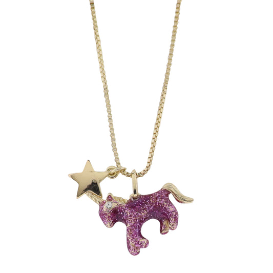Kids Gold Box Chain Necklace with Pink Unicorn with Star Charm