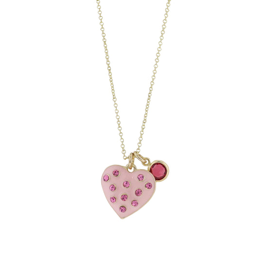 Kids Gold Cable Chain Necklace with Pink Enamel Heart with Pink Crystals