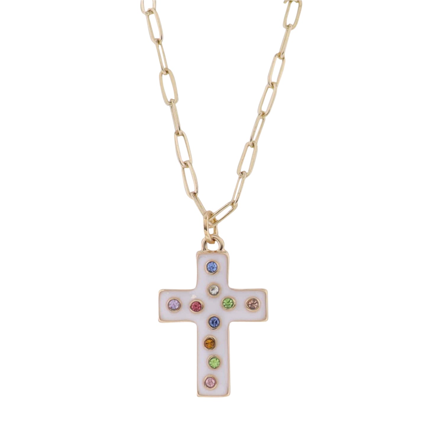 Kids Gold Paperlink Chain Necklace with White Enamel Cross with Multi Crystals
