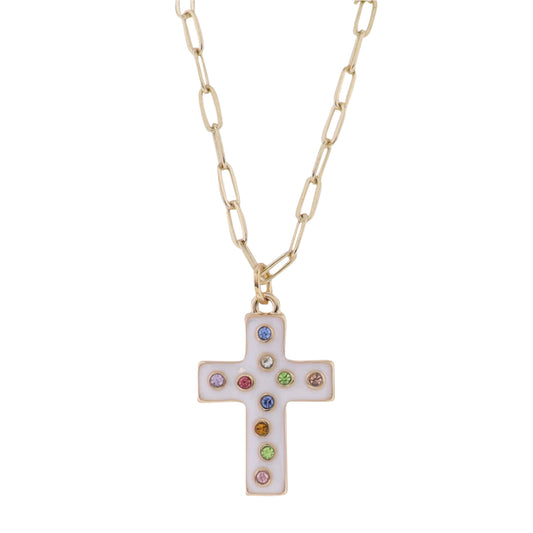 Kids Gold Paperlink Chain Necklace with White Enamel Cross with Multi Crystals
