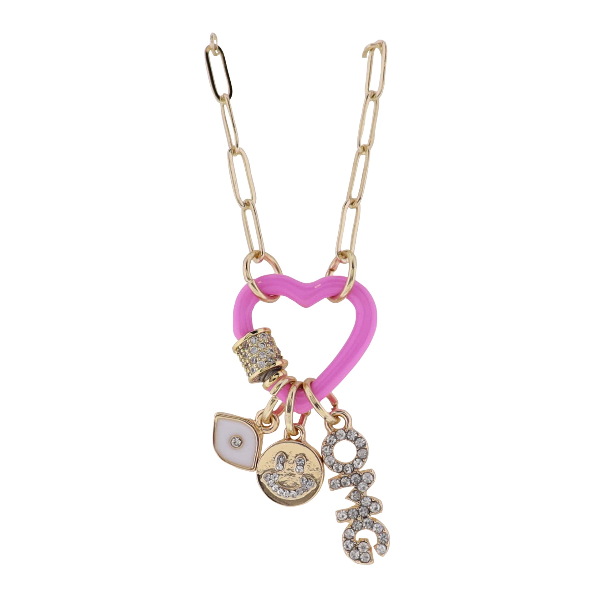 Kids Gold Paperlink Chain Necklace with Pink Heart Carabiner with Charm Accents