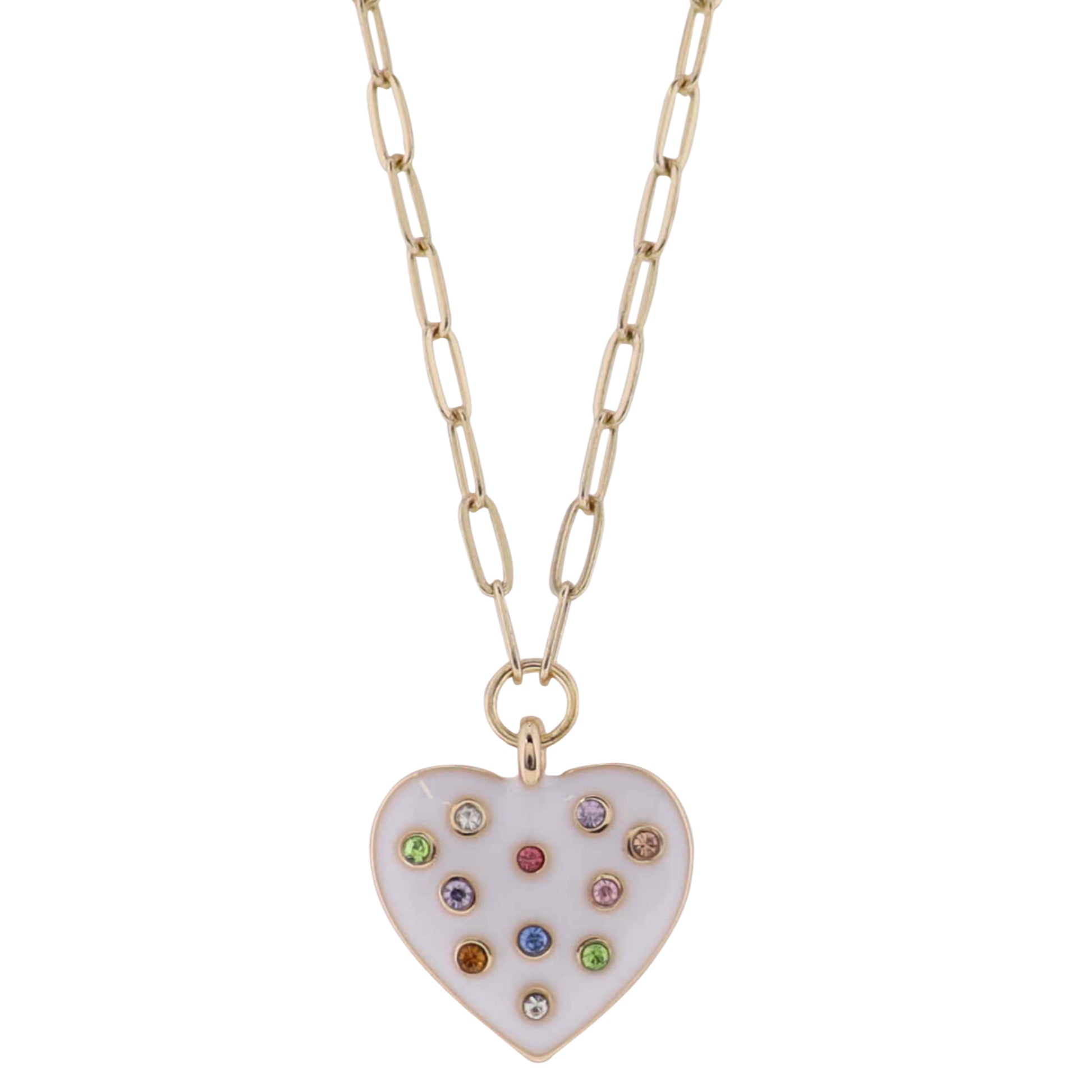 Kids Gold Paperlink Chain Necklace with White Enamel Heart with Multi Crystals
