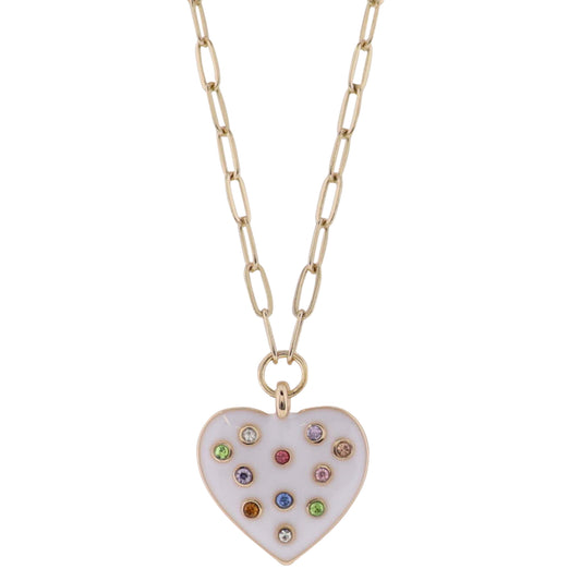 Kids Gold Paperlink Chain Necklace with White Enamel Heart with Multi Crystals