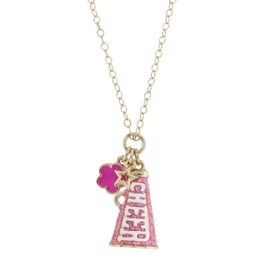 Kids Gold Cable Chain Necklace with Pink Enamel Megaphone with "Cheer"