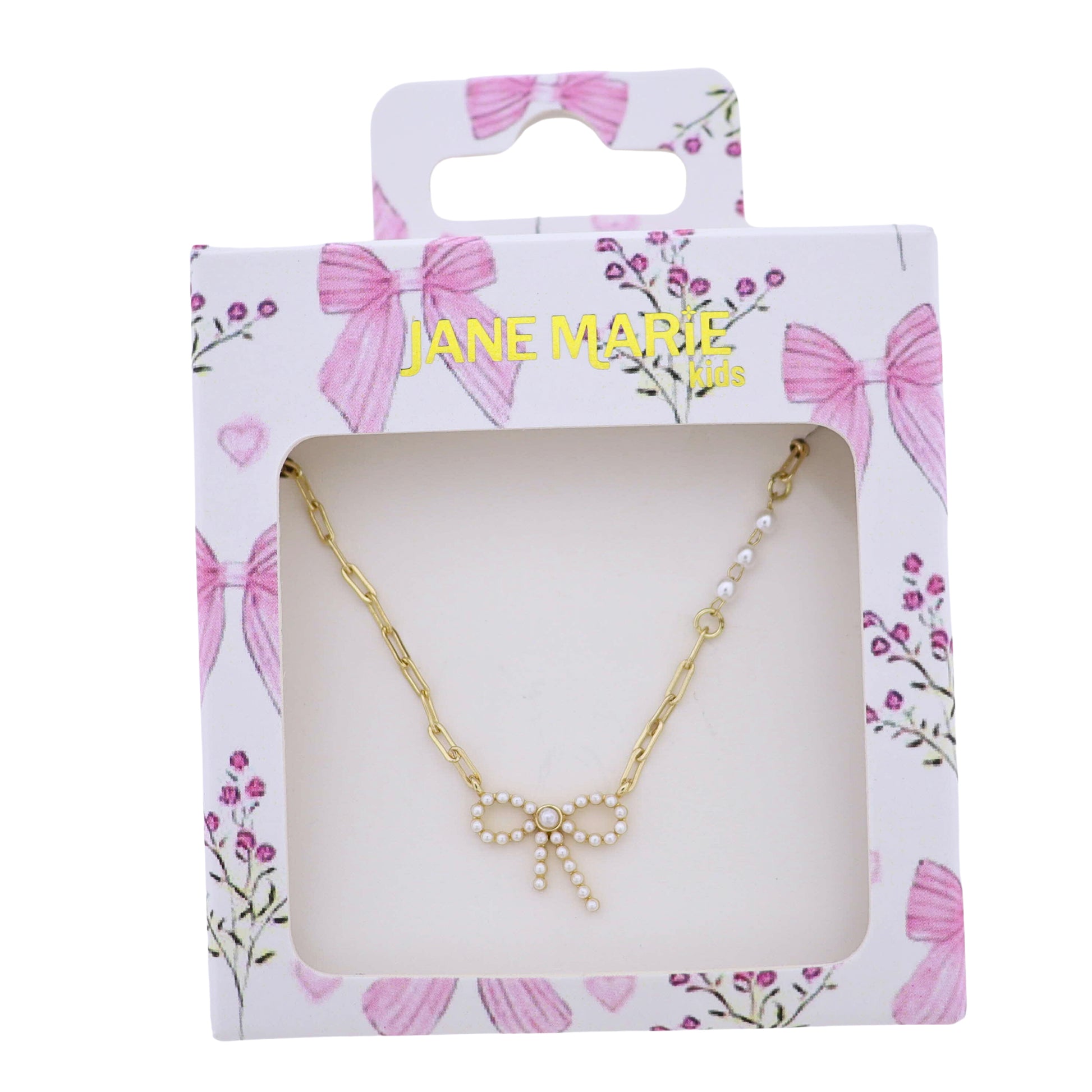 Kids Gold Paperclip Chain Necklace with Pearl Bow and Pearl Accents in Chain