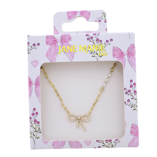 Kids Gold Paperclip Chain Necklace with Pearl Bow and Pearl Accents in Chain