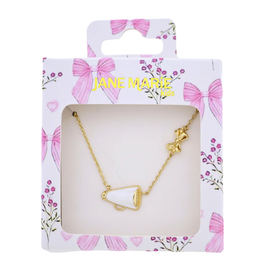 Kids Gold Cable Chain Necklace with White Megaphone and Bow in Chain Accent