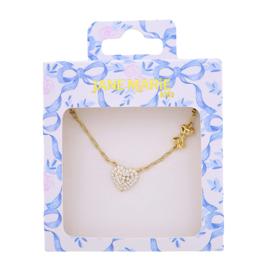 Kids Gold Paperclip Chain Necklace with Clear Crystal Heart with Bow in Chain Accent