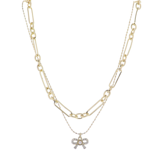 Gold Long and short 2 Layer Chain Necklace with Bow Charm