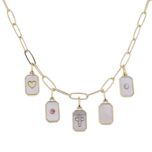 Gold Paperclip Chain Necklace with Shell Charms, Heart, Pink Crystal, Cross, Clear Crystal