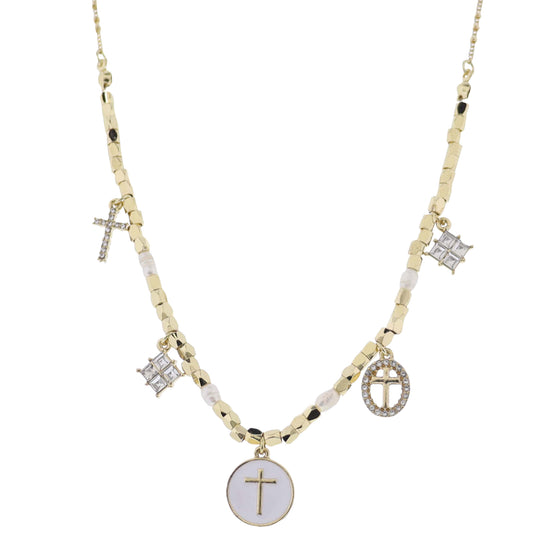 Gold Satellite Chain Necklace with Cross, Square, Cross, Cross, Square Charms