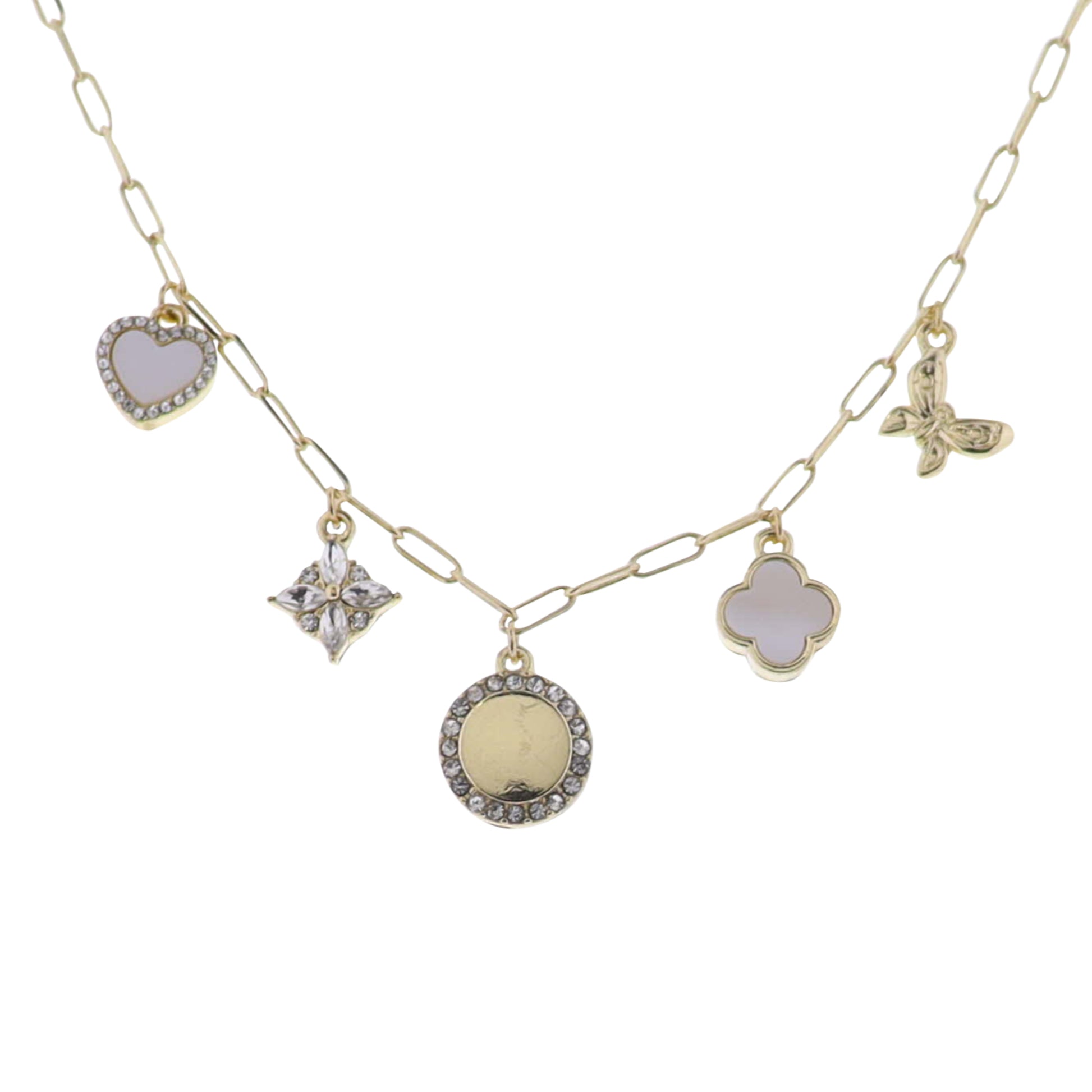 Gold Paperclip Chain Necklace with Heart, Crystal, Circle, Quatrefoil, Butterfly