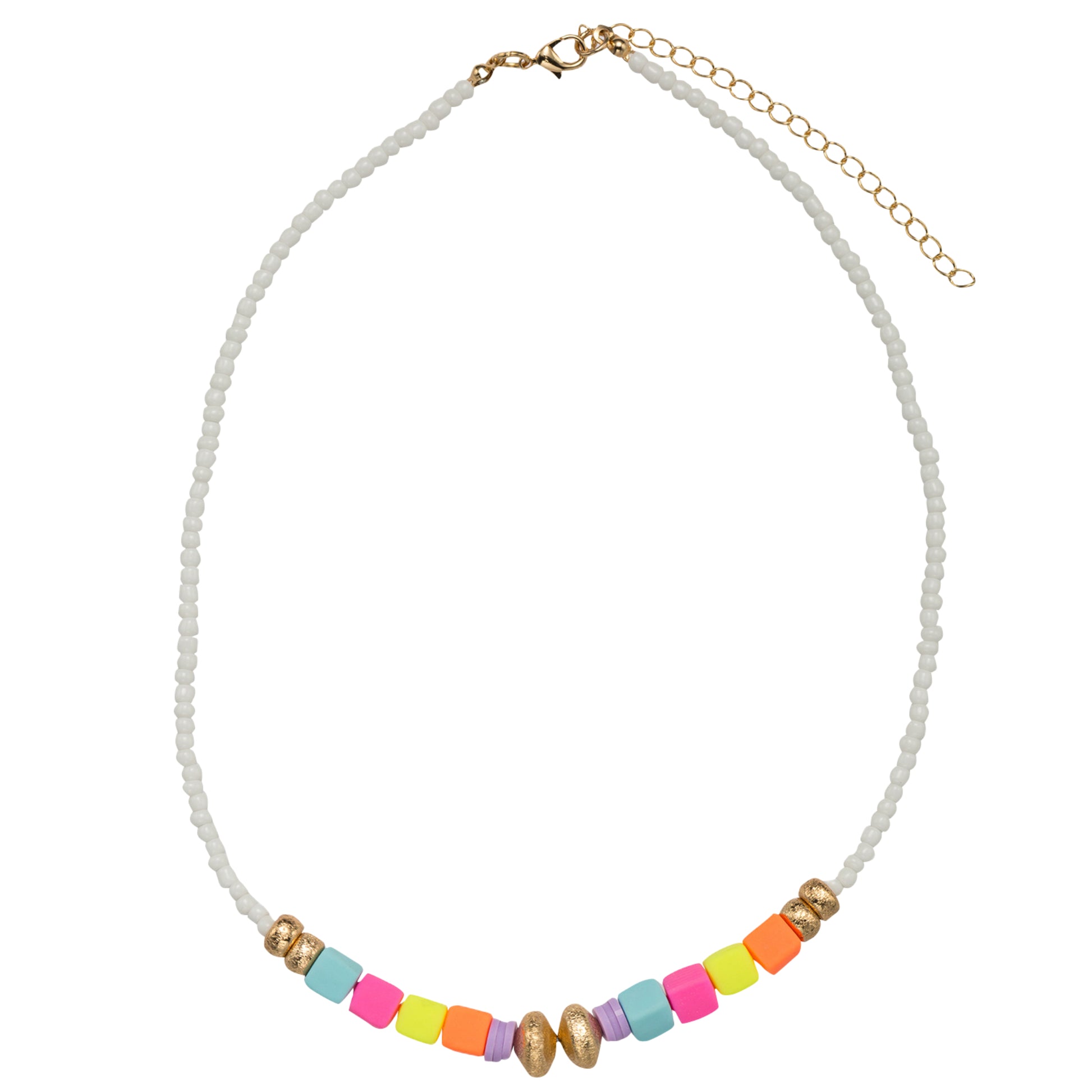 Kids White, Multi, Gold Seed Bead, Rubber Block Beaded Necklace with Hot Pink Heart