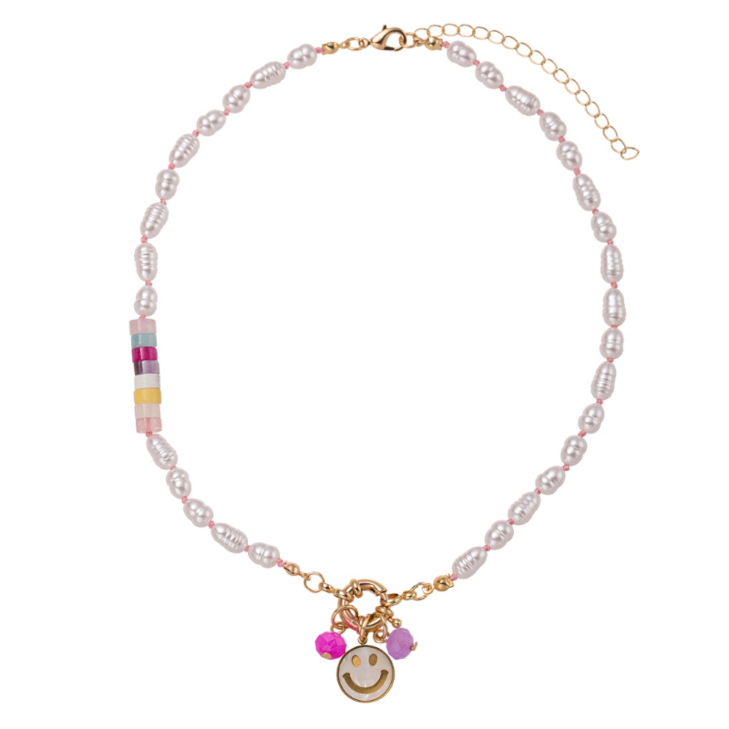 Kids Pearl, Multi Stone, Pearl Beaded Necklace with Happy Face & Charms