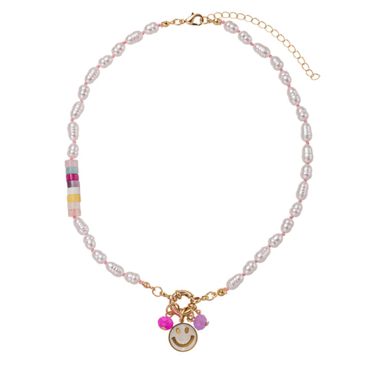 Kids Pearl, Multi Stone, Pearl Beaded Necklace with Happy Face & Charms