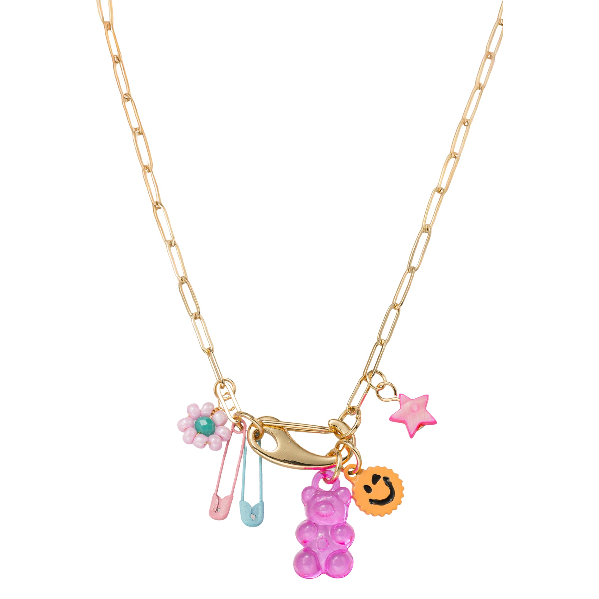 Kids Gold Chain Necklace with Gold Hinge with Paperclips, Gummy Bear & Charms
