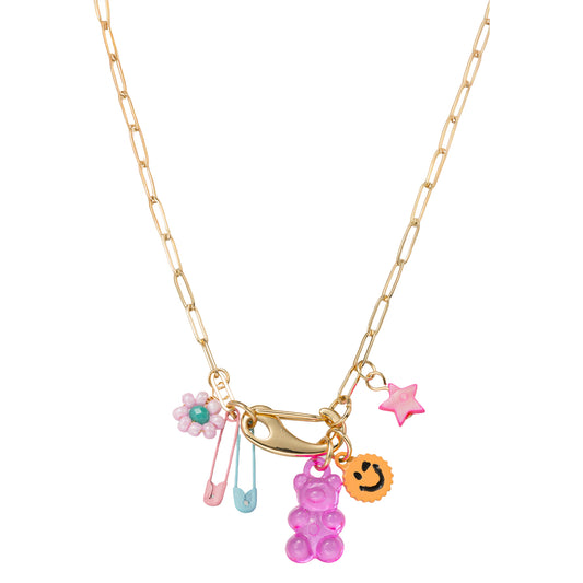 Kids Gold Chain Necklace with Gold Hinge with Paperclips, Gummy Bear & Charms