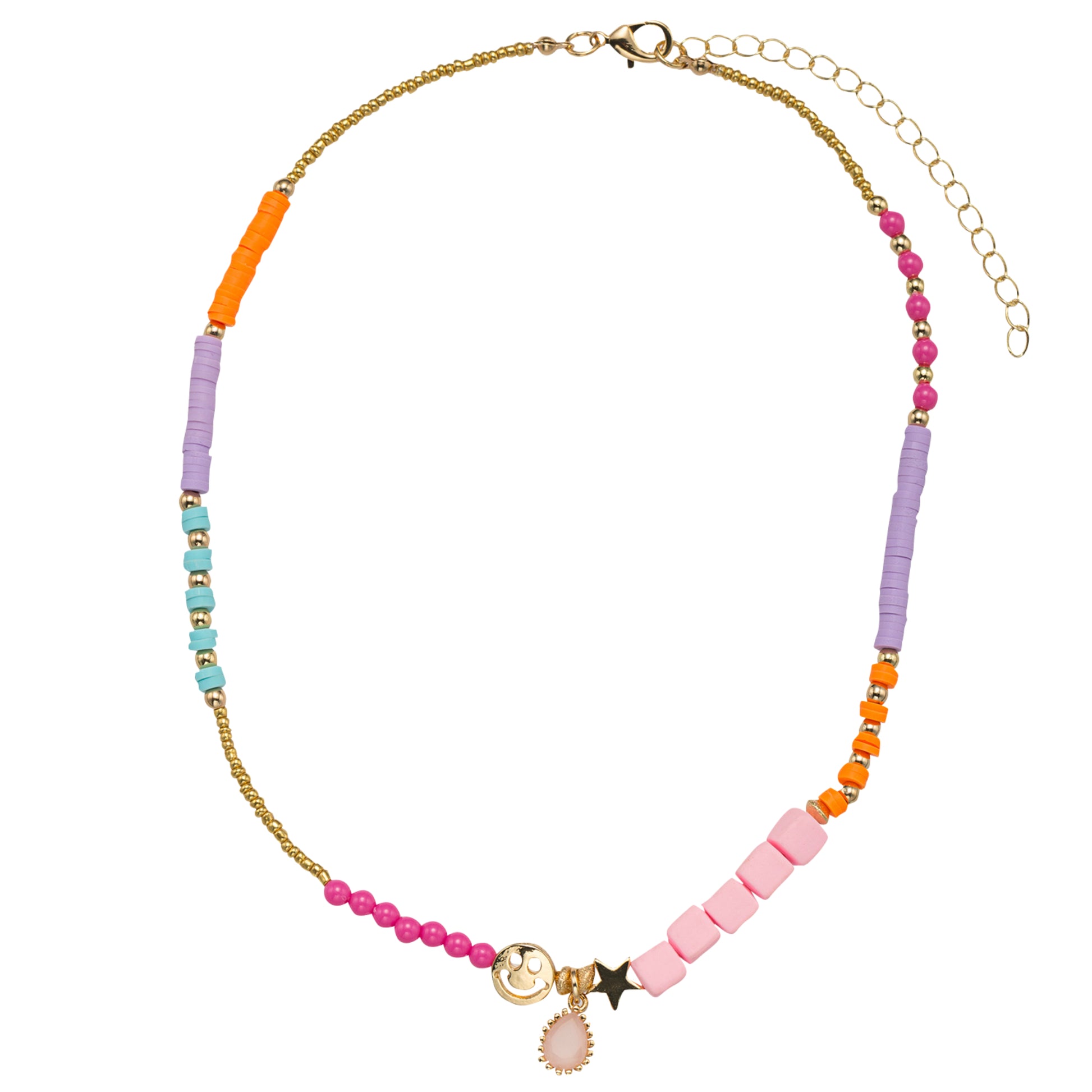 Kids Pink, Orange, Purple, Blue Rubber, Seed Bead Necklace with Happy Face, Star, Pink Teardrop