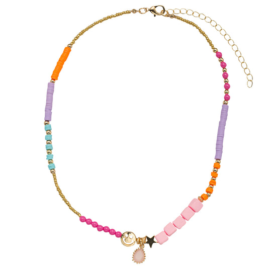 Kids Pink, Orange, Purple, Blue Rubber, Seed Bead Necklace with Happy Face, Star, Pink Teardrop