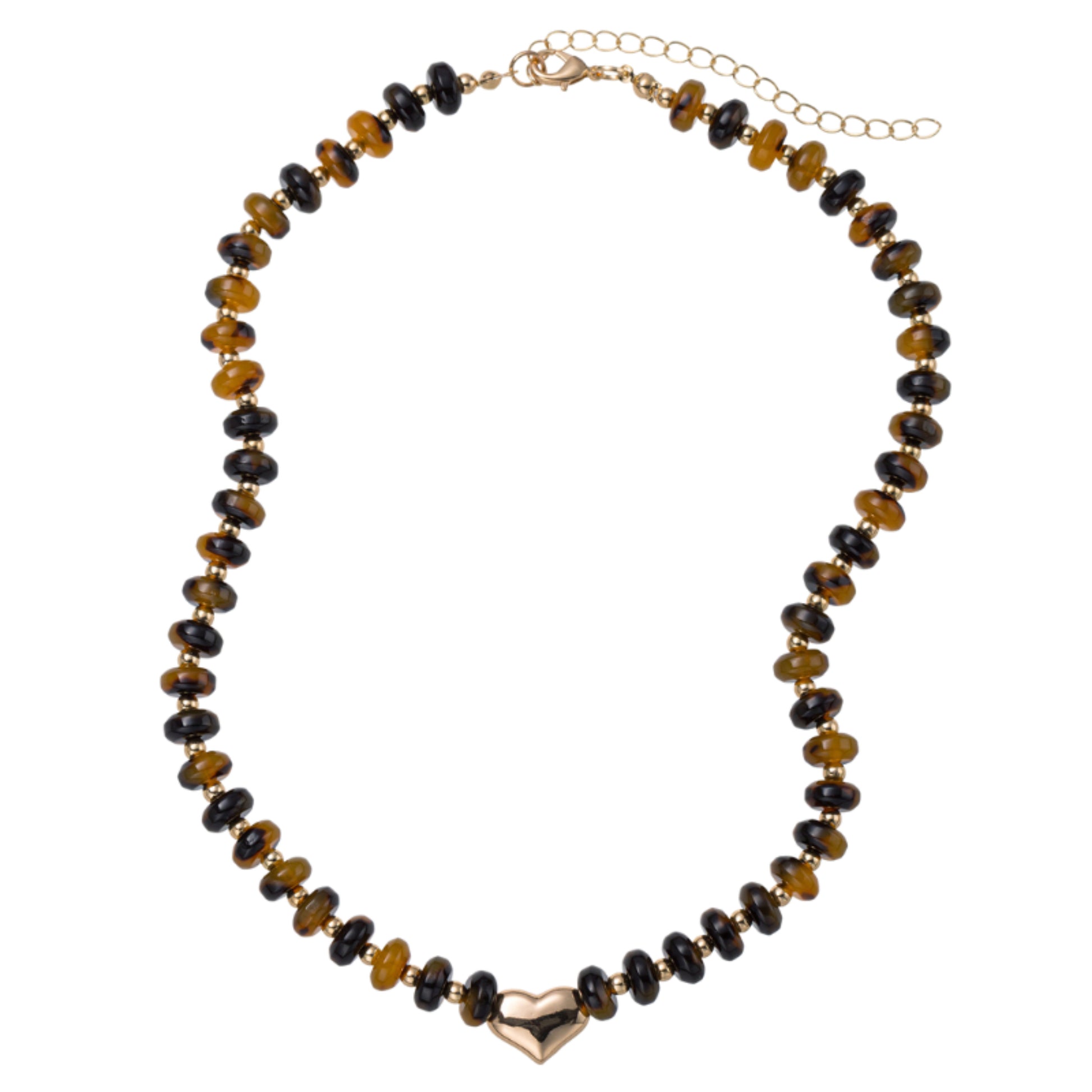 Tortoise Rondelle Beaded Necklace with Gold Heart