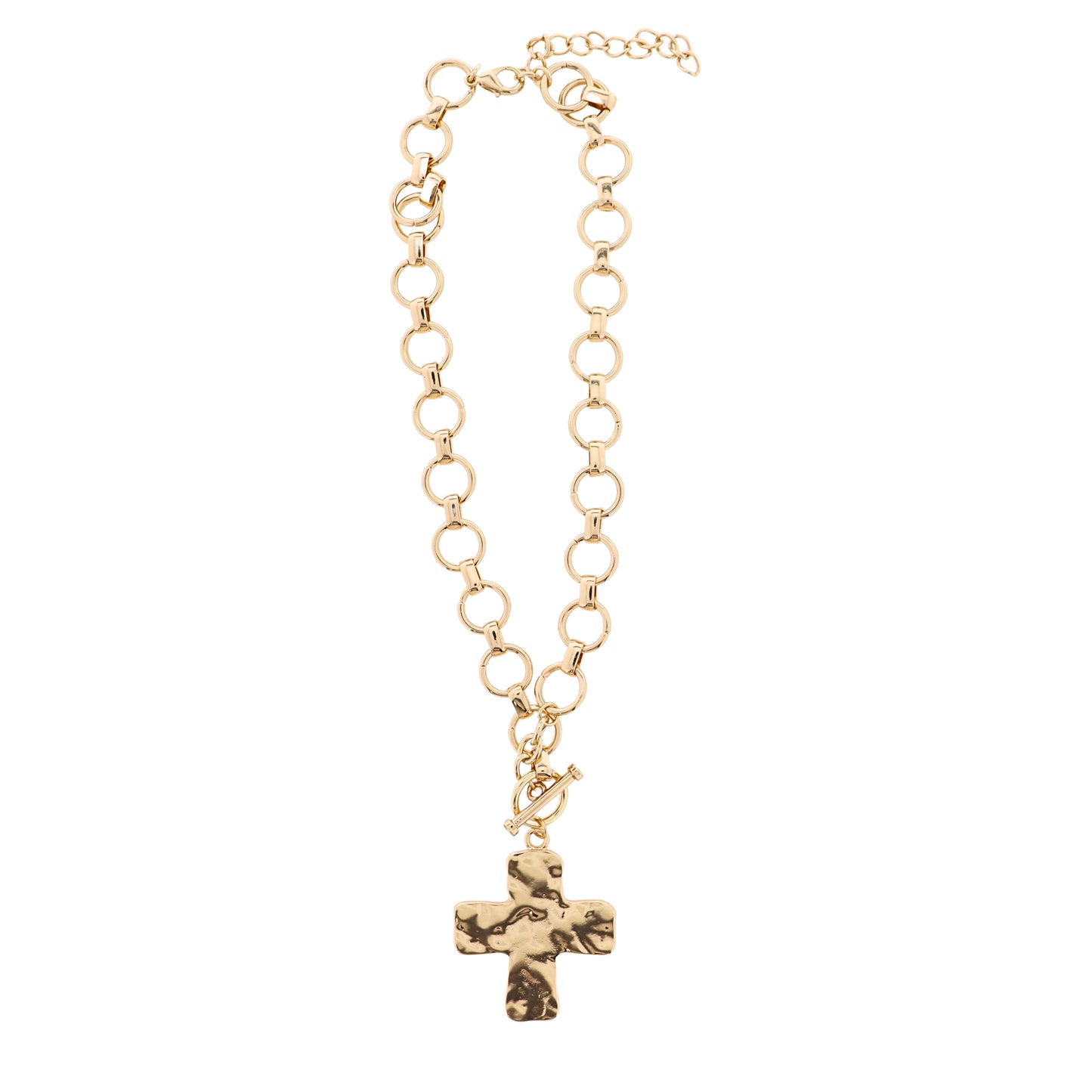 18K Gold Plated Gold Circle Link Chain Necklace with Gold Hammered Cross