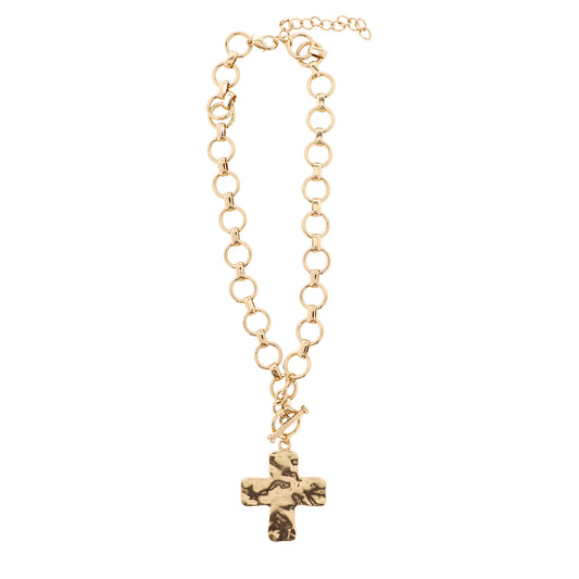 18K Gold Plated Gold Circle Link Chain Necklace with Gold Hammered Cross