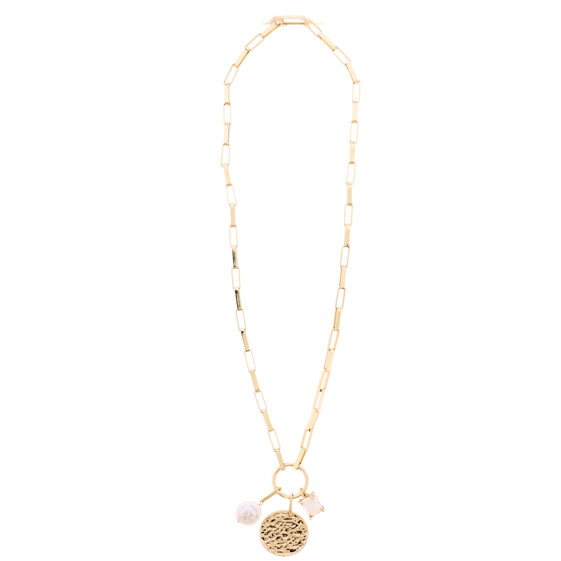 18K Gold Plated Gold Large Box Chain Necklace with Gold Hammered Disk, Clear Crystal, Pearl