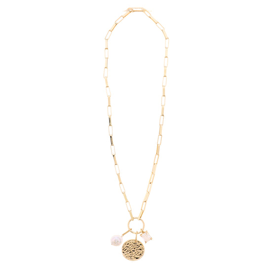 18K Gold Plated Gold Large Box Chain Necklace with Gold Hammered Disk, Clear Crystal, Pearl