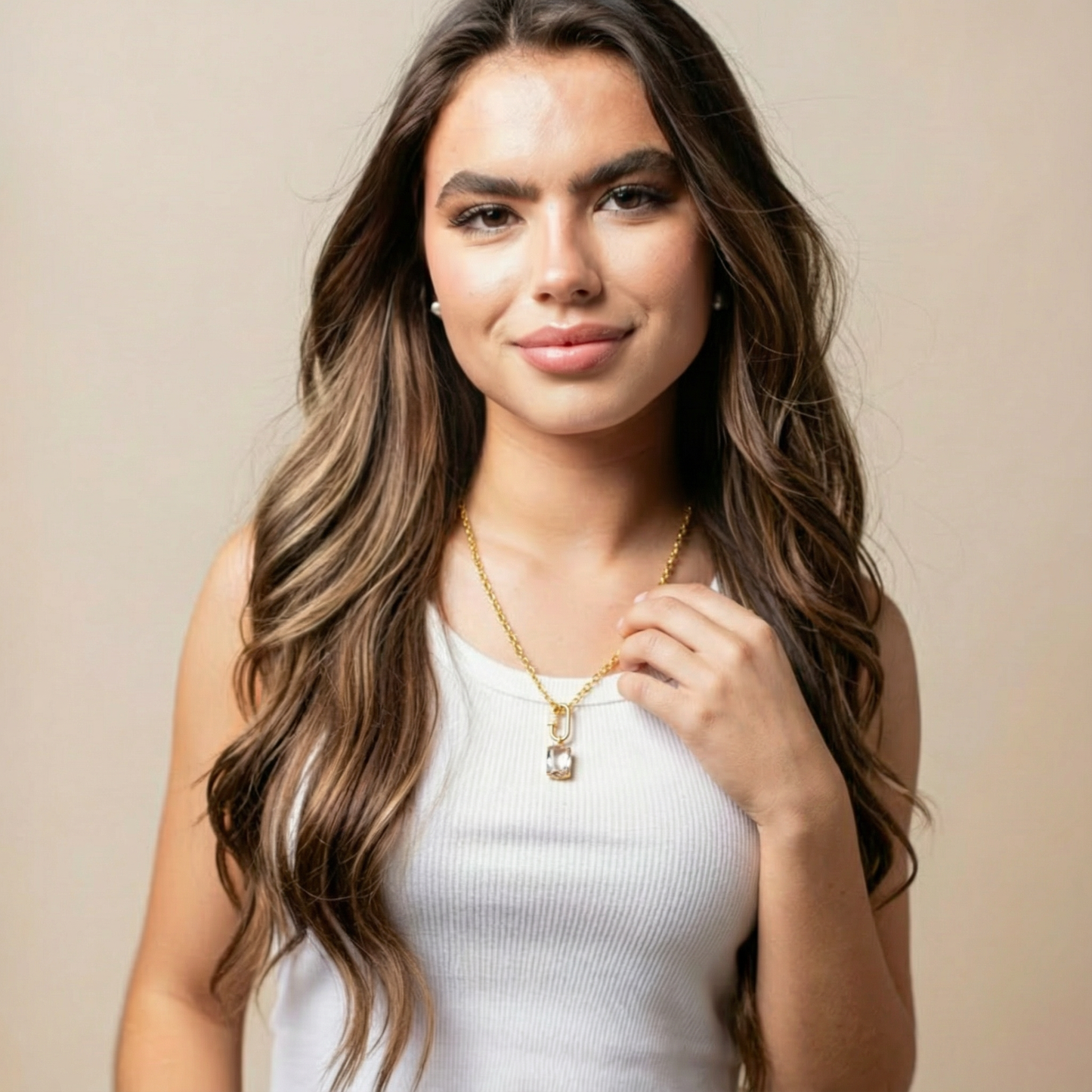 18K Gold Plated Gold Gauge Chain Necklace with Gold Carabiner with Clear Crystal