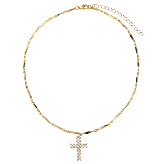 18K Gold Plated Gold Chain Necklace with Clear Crystal Cross