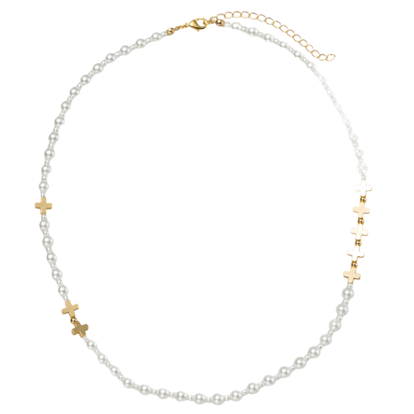 18K Gold Plated Gold, Pearl 4mm, 8mm Beaded Necklace with Gold Crosses in Body