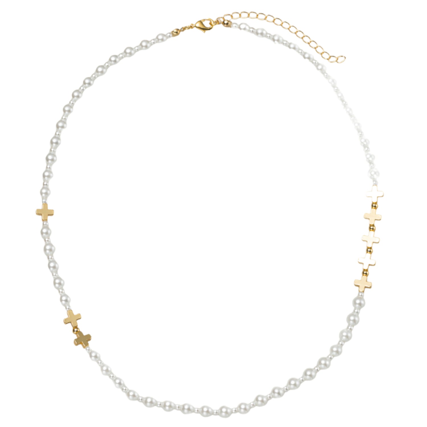 18K Gold Plated Gold, Pearl 4mm, 8mm Beaded Necklace with Gold Crosses in Body