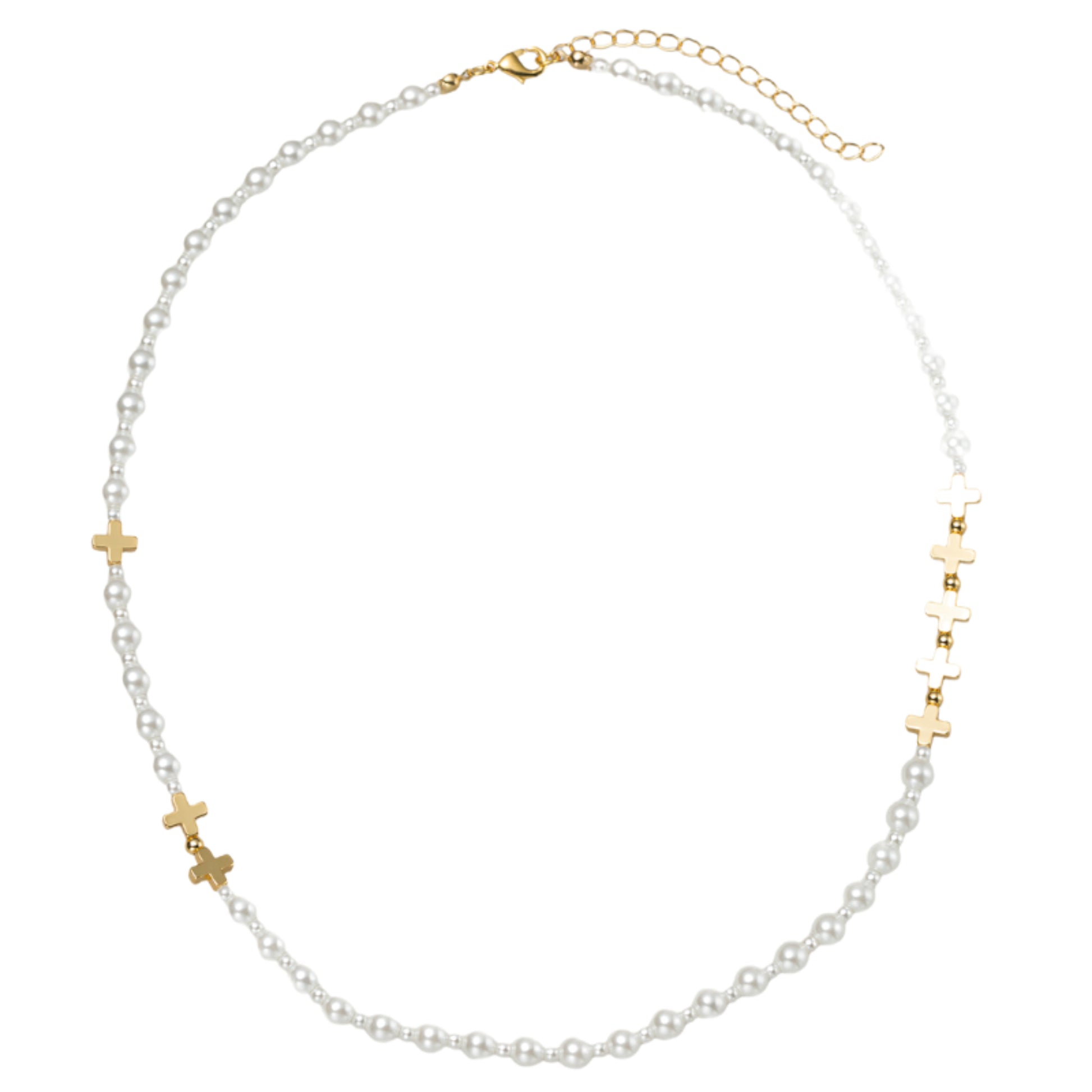 18K Gold Plated Gold, Pearl 4mm, 8mm Beaded Necklace with Gold Crosses in Body
