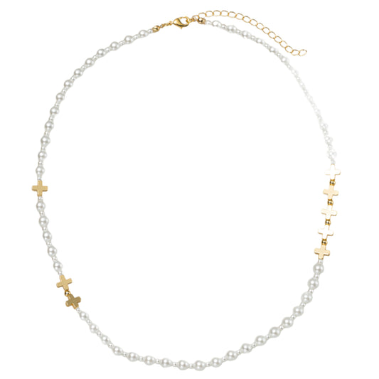 18K Gold Plated Gold, Pearl 4mm, 8mm Beaded Necklace with Gold Crosses in Body