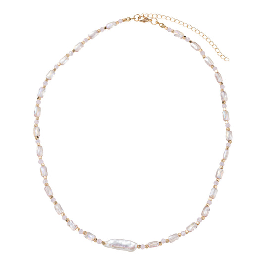 Light Pink, Gold Beaded Necklace with Pearl Rectangle