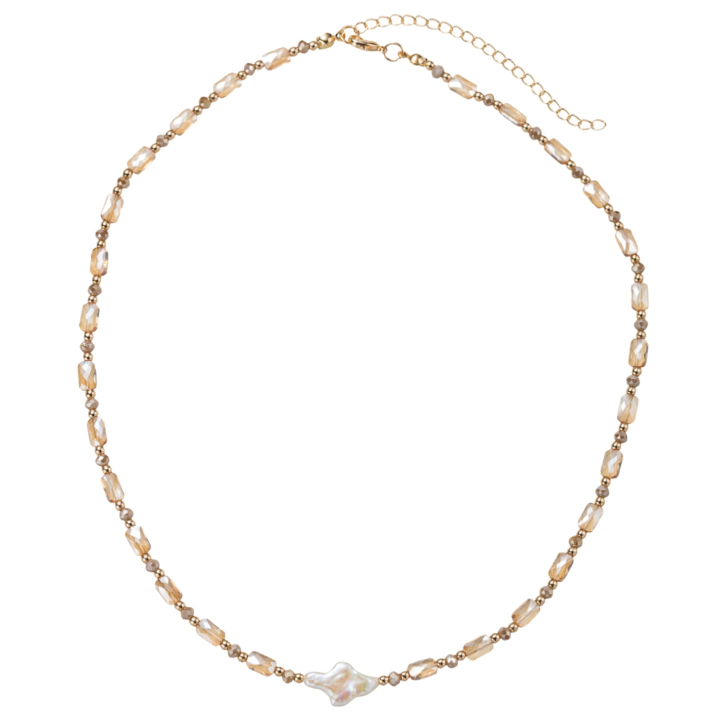 Champagne, Greige, Gold Beaded Necklace with Pearl Cross