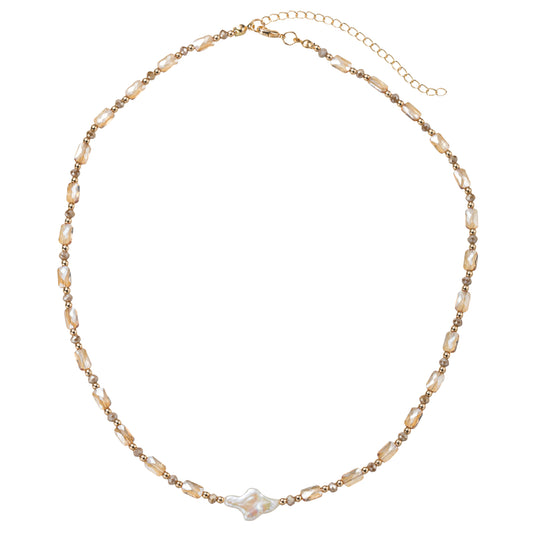 Champagne, Greige, Gold Beaded Necklace with Pearl Cross