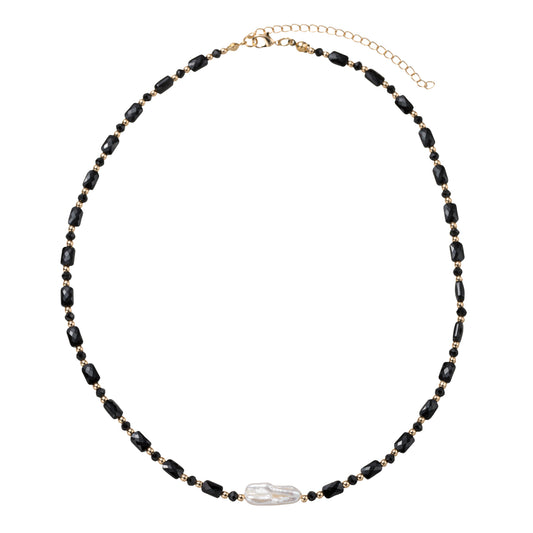 Jet, Gold Beaded Necklace with Pearl Rectangle