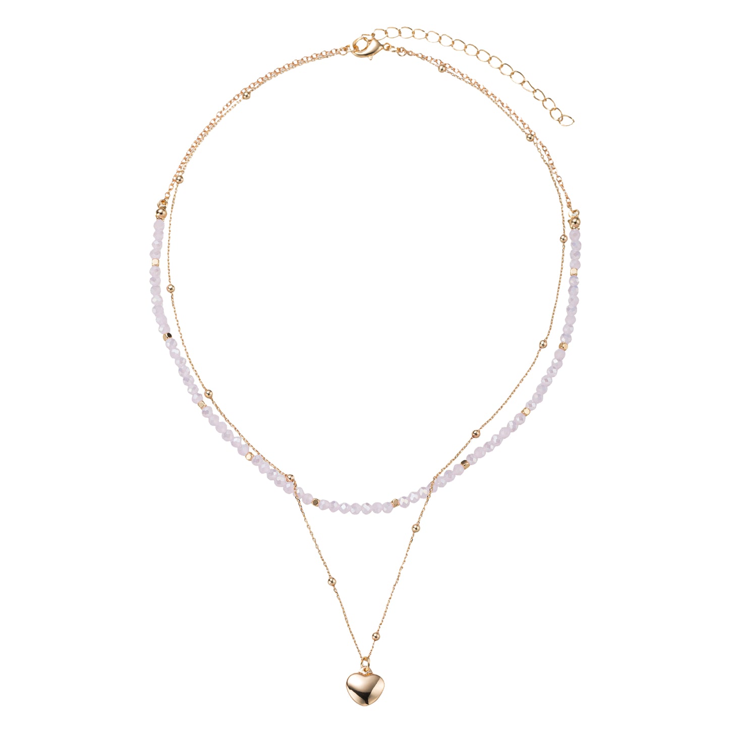 Light Pink, Gold Beaded 2 Layer Necklace with Gold Heart