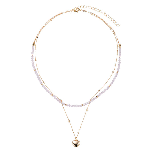 Light Pink, Gold Beaded 2 Layer Necklace with Gold Heart