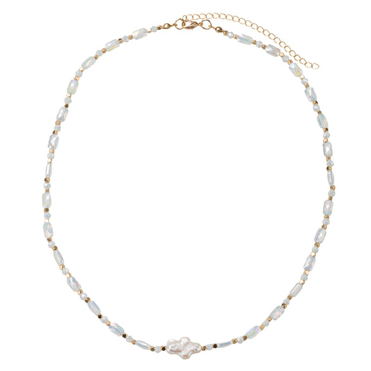 Moontstone, Gold Beaded Necklace with Pearl Cross