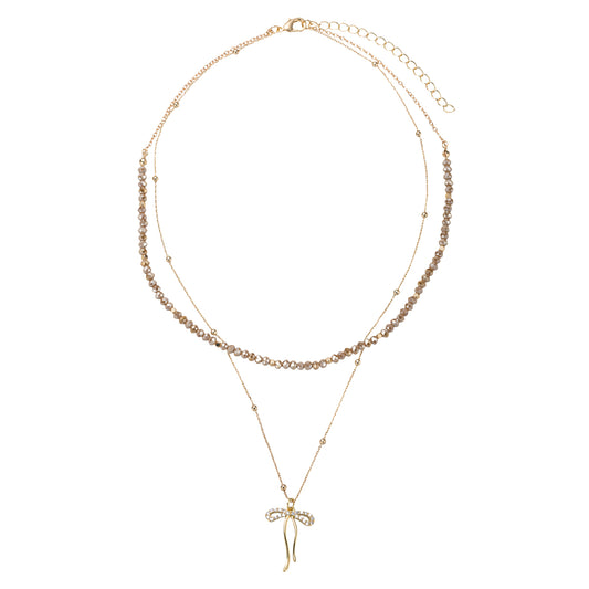 Greige, Gold Beaded 2 Layer Necklace with Gold Bow