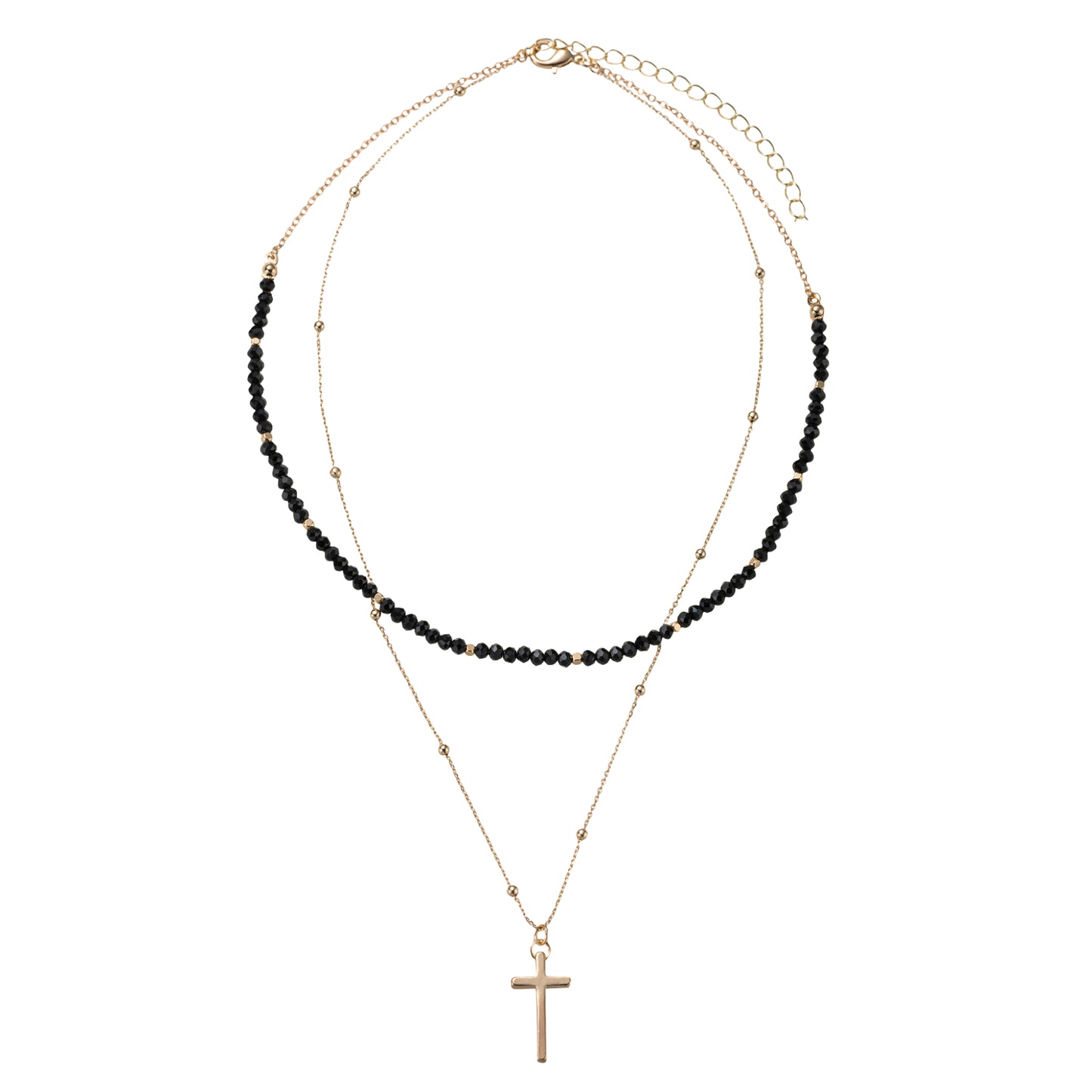 Jet, Gold Beaded 2 Layer Necklace with Gold Cross